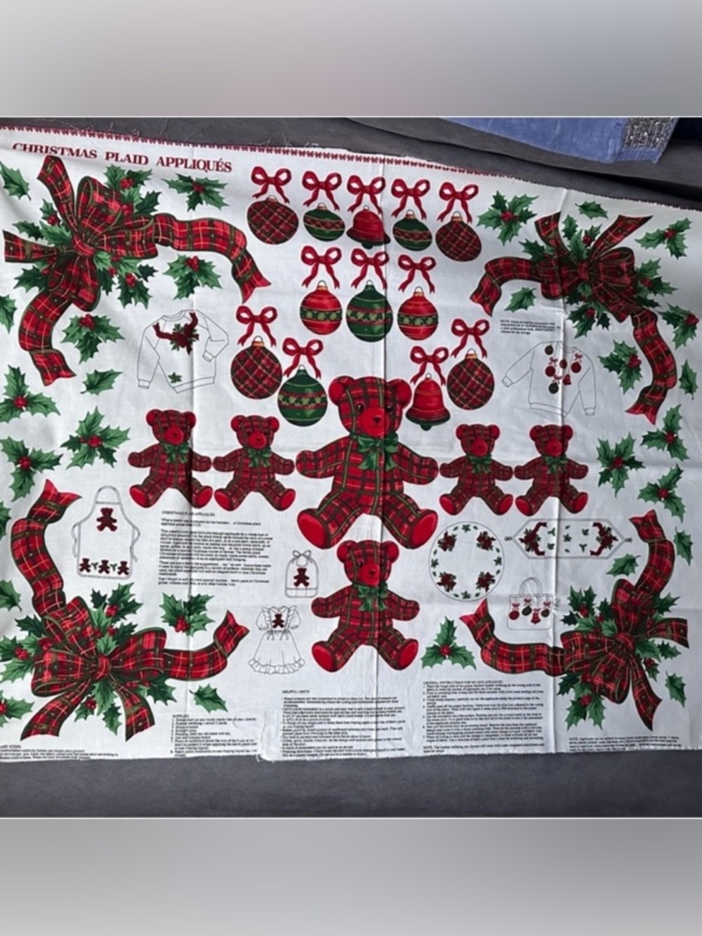 Vintage Christmas Applique Fabric Panel cut n sew Plaid bears